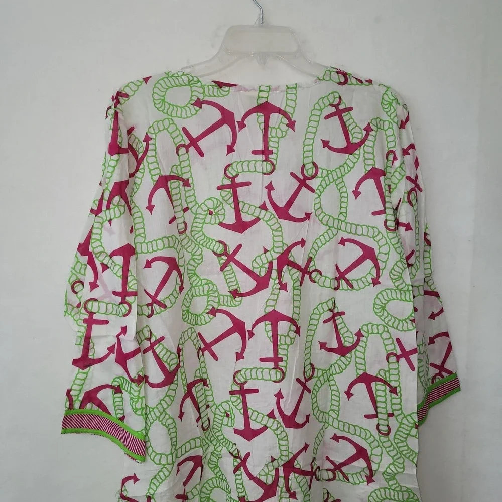 Advance Apparels Tunic Womens Large White Pink Green Anchor Nautical 3/4‎ Sleeve